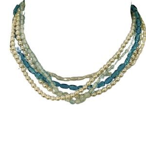Womens Blue Tan Beaded Faux Pearl 5 Tier Silver Princess Vintage Necklace 18”